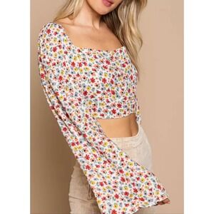 POL Floral Crop‎ Top Smocked Bell Sleeve Square Neck Blouse Size S